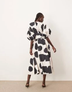 ARRANGE Cotton Cinched Waist Midi Dress With Balloon Sleeve In Bold Spot For Women -ARANG Clothing Shop 207799435 4