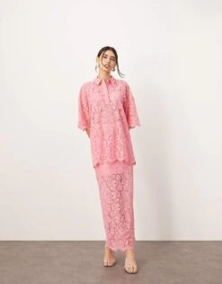 ARRANGE Lace Polo Shirt And Skirt Co-ord In Pink