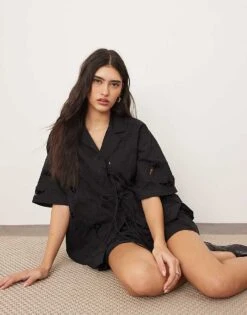 ARRANGE Cotton Cutwork Embroidered Short Sleeve Tie Front Shirt And Shorts Co-ord In Black -ARANG Clothing Shop 207838974 1 black 1