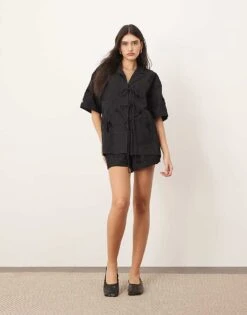ARRANGE Cotton Cutwork Embroidered Short Sleeve Tie Front Shirt And Shorts Co-ord In Black