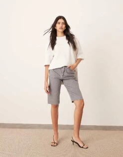 ARRANGE Cleo Denim Longline Short With Raw Hem In Slate Grey For Women