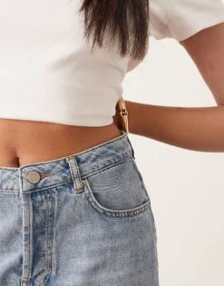 ARRANGE Cleo Denim Longline Short With Raw Hem In Mid Wash Blue For Women -ARANG Clothing Shop 207928921 3