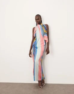 ARRANGE Satin High Neck Drape Maxi Dress In Painterly Stripe For Women