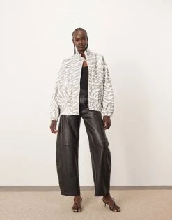 ARRANGE Denim Bomber Jacket With Seam Detail In Tiger Print For Women