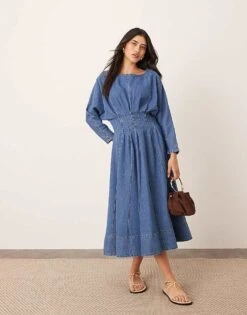 ARRANGE Denim Long Sleeve Midi Dress With Full Skirt In Mid Blue For Women -ARANG Clothing Shop 208116233 1 midblue 1