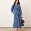 ARRANGE Denim Long Sleeve Midi Dress With Full Skirt In Mid Blue For Women -ARANG Clothing Shop 208116233 1 midblue
