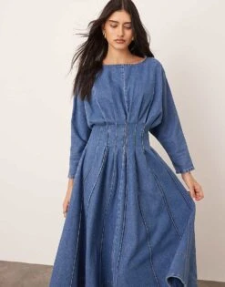 ARRANGE Denim Long Sleeve Midi Dress With Full Skirt In Mid Blue For Women -ARANG Clothing Shop 208116233 3