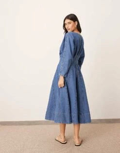 ARRANGE Denim Long Sleeve Midi Dress With Full Skirt In Mid Blue For Women -ARANG Clothing Shop 208116233 4